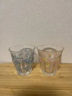 青とピンクの花柄グラス 2個セット