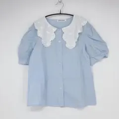水色 レース襟 半袖ブラウス Mサイズ