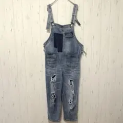 Y439 デニムサロペット　ダメージ加工　Ｌ　カジュアル　Y2K 平成