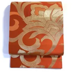 5k613 名古屋帯　絹　金色　橙色　花柄　和装　着物