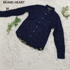 BEAMS HEART シャツ 長袖　ボタンダウン カモフラ綿100% M 紺