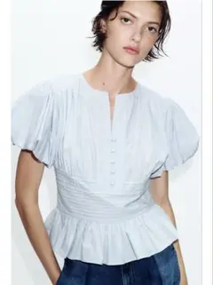 ZARA ピンタック入りパフスリーブブラウス　Ｓのサムネイル