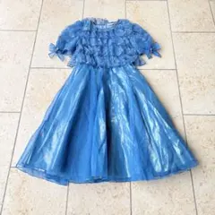美品 ブルードレス 半袖 フリル レース チュール 発表会 160 レディース