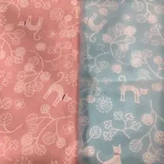猫と葉っぱ柄シーチング生地　ピンク&ブルー　セット売り