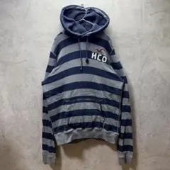 ホリスター 00s ボーダー パーカー HCO ロゴ 刺繍 XL 紺 灰 古着