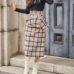 【美品】ウィルセレクション ペプラム付き2wayチェックタイトスカート