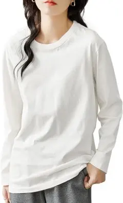 カットソー 長袖トップス コットン Uネック サイドスリット 無地体型カバー