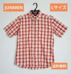 JUNMEN コットンヘンプ ギンガムチェック 半袖シャツ ボタンダウン L