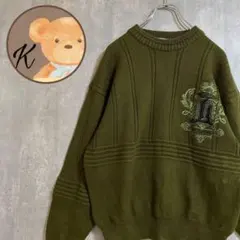 【雰囲気◎】メンズ 刺繍入り ニット 緑 ロゴ 長袖 デザイン ウール レトロ