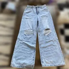 ライトブルー ワイドレッグ デニムパンツ
