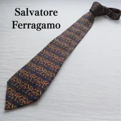 サルバトーレフェラガモ ネクタイ 総柄 絹100% 紺 ビジネス【n4388】
