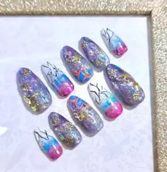 ❁︎現品⑪鬼滅の刃 胡蝶しのぶネイル/アーモンド/蝶々/マグネットネイル/付け爪