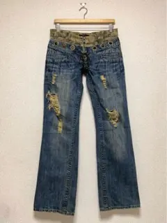 MIDAS ダブルウエスト レースアップ フレアデニム ダメージ加工 jeans
