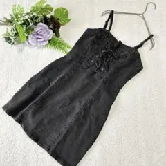 【Loueme 】レースアップデニムミニキャミワンピース　ブラックデニム　F