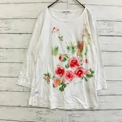 美品 ハナエモリ 花柄 七分袖 トップス 38 白 フラワー 日本製 テンセルのサムネイル