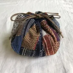 ぼうる巾着　古布リメイク　刺し子　古布　ハンドメイドポーチ