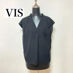 VIS 異素材切り替え スキッパーブラウス　ブラック フレンチスリーブのサムネイル