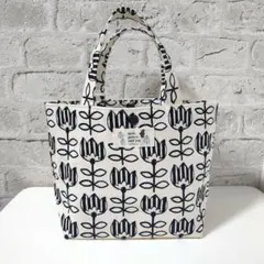 ハンドメイド　ミニトートバッグ　北欧　モノクロ　チューリップ柄　ホワイト
