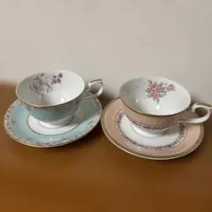 【未使用】ナルミ ティーカップ＆ソーサー ペア ピンク＆水色 花柄 箱付