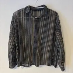 ストライプ柄 メッシュシャツ 透かし編み　レディース L
