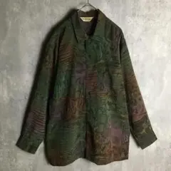 【長袖シャツ】総柄 幾何学模様 柄シャツ ポリシャツ M メンズ 古着