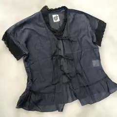 美品✨cuccia クチャ シルク混 レース シアー ブラウス 半袖　ネイビーのサムネイル