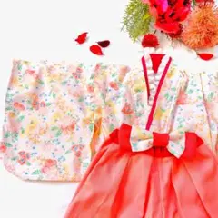 フリル伊達衿がオシャレな淡いピンクの可愛いベビー袴、着物　80サイズ