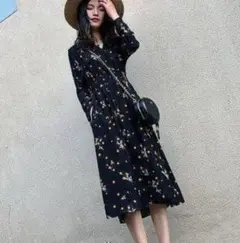 ZARA 花柄ドット シフォンロングワンピース M 黒 ミモレ丈　シアー　総柄