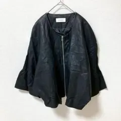 【ジェイエフレディイメイド】✨良品✨ノーカラーレザージャケット 合皮 七分袖 F