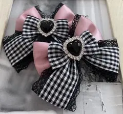 量産型　ヘアリボンピン　両面サテンくすみピンクリボン×ブラックチェック