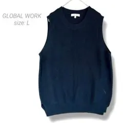【グローバルワーク】クルーネックニットベスト L ネイビー 綿混 スリット入り