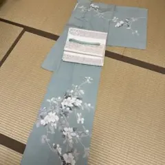 洗える着物　夏着物　小紋　絽　ミント　立涌文様　草花　フルセット可　夏物　薄物 洗える着物 夏着物 小紋 絽 ミント 立涌文様 草花 フルセット可 夏物
