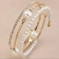 パール　ストーン　ゴールド　3連　ブレスレット　エレガント