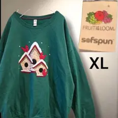 激カワ】アニマルプリント バード刺繍 鳥 スウェット グリーン XL 