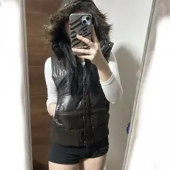 ブラウン フード付きダウンベスト y2k