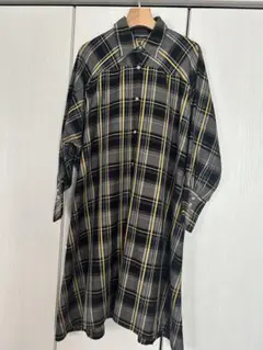 ジョンブル　チェック長袖ワンピース　シャツカラー　ブラック×イエローチェックのサムネイル