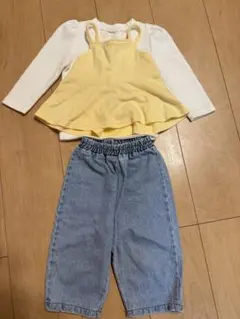 女の子 春服コーデ3点セット（長袖トップス＋イエローキャミ＋デニムパンツ）