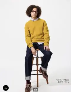 ユニクロ UNIQLOラムクルーネックセーター マスタード色 Sサイズ
