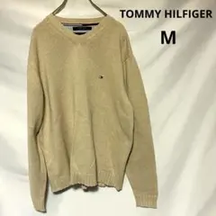 【トミーヒルフィガー】Vネックニット セーター (M) ベージュ 綿100%