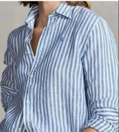 ポロラルフローレン リネンシャツ ストライプ 水色 ロゴ刺繍 リネン100% Ｍ