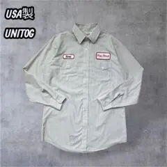 【希少USA製】UNITOG ストライプワークシャツwポケット刺繍ワッペン企業M