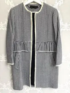 ZARA WOMAN フリルノーカラージャケット ネイビーとホワイトのチェック柄