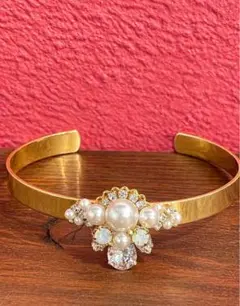 ゴールド メタル ブレスレット パール装飾　サイズフリー
