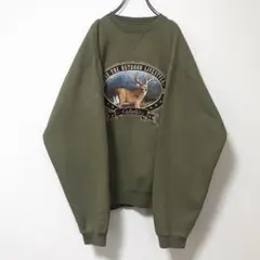 アニマルスウェット カーキ 鹿 ハンティング アウトドア 刺繍 裏起毛 XL