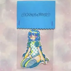 オリキャラみつあみ女の子　手描きイラスト　シール　青
