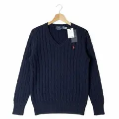 【新品タグ付】ラルフローレン ケーブルニット ネイビー レディースＬ Vネック