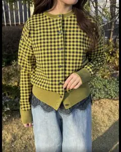 イエロー・ギンガムチェック カーディガン