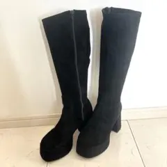 vivianスクエアトゥ厚底プラットフォームストレッチロングブーツ　黒　23.5