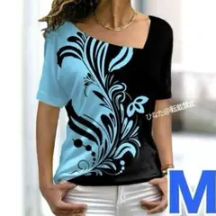 秋のセール！背中もデザイン♡ゆったりハワイアンTシャツ・M♡フラダンス♡ブルー青