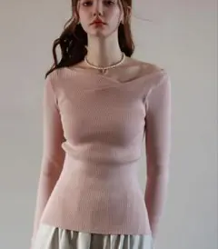 セゾンドパピヨン 長袖ニットセーター リブ編 アシンメトリー　ピンクL